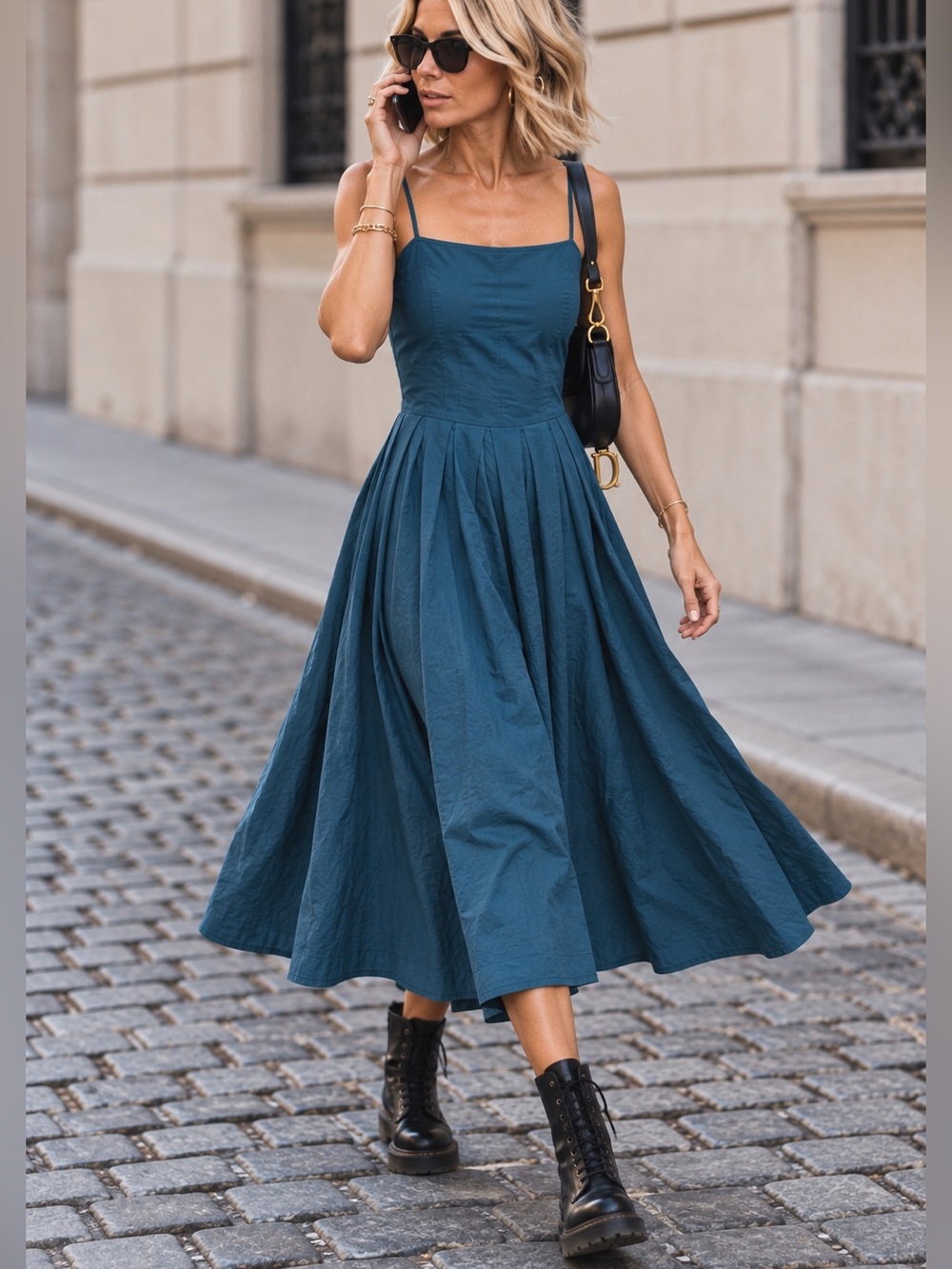 NWT 100% Cotton Teal Blue Corset Pleated Midi Dress Small